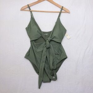 Aerie Wrap One Piece Swimsuit Womens Size Medium Green Ribbed Tie Cutout